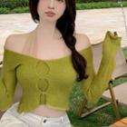 Set: Off-shoulder Knit Top + Strapless Crop Top