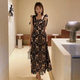 Spaghetti-strap Embroidered Lace Rhinestone Dress