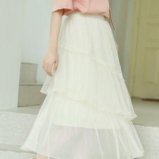 High Waist Midi Tiered Skirt Almond - One Size