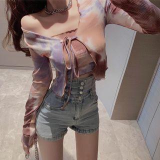 Set: Spaghetti Strap Tie-dye Top + Tie-front Cardigan