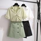 Twisted Elbow-sleeve Blouse / Mini A-line Skort