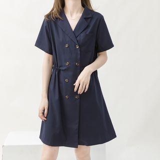 Short-sleeve Double-breasted Drawstring-waist Mini A-line Dress