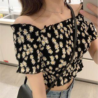 Off-shoulder Short-sleeve Floral Print Cropped Top