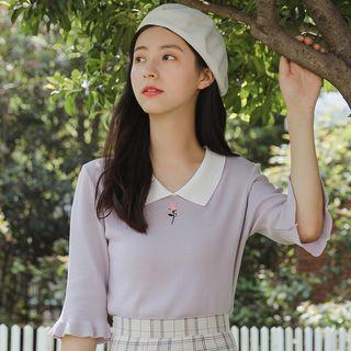 Rose Embroidered Elbow-sleeve Collared Knit Top