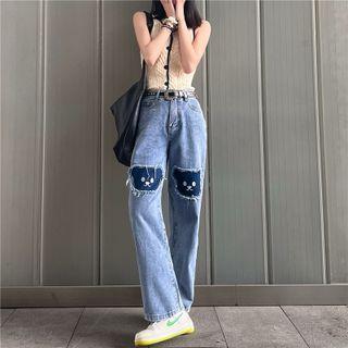 Bear Embroidered Distressed Straight Leg Jeans