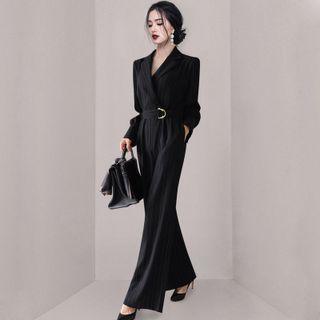 Long-sleeve Notch Lapel Striped Wide Leg Jumpsuit