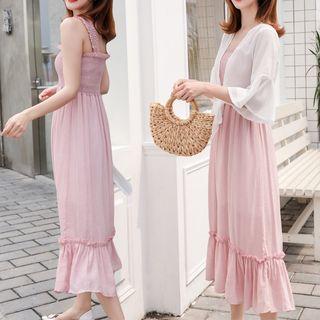 Sleeveless Frill Trim A-line Midi Dress / 3/4-sleeve Light Jacket / Set
