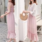 Sleeveless Frill Trim A-line Midi Dress / 3/4-sleeve Light Jacket / Set
