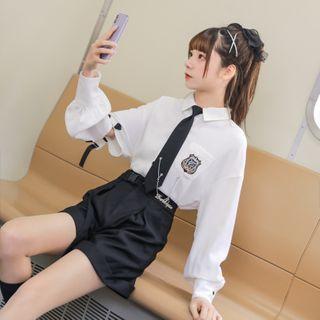 Long-sleeve Buckled Logo Patch Shirt / High-waist Wide Leg Shorts