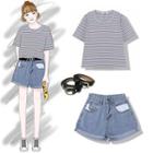 Striped Short-sleeve T-shirt / Denim Shorts / Belt
