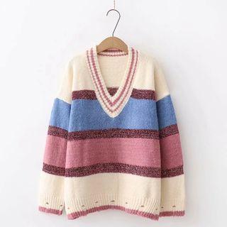 Contrast-trim V-neck Color Block Sweater