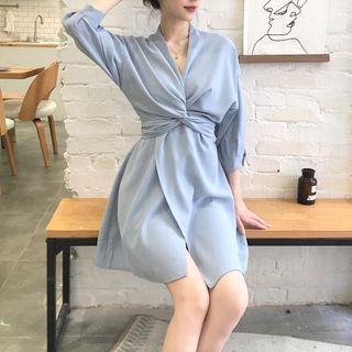 3/4-sleeve Crinkled Mini A-line Dress