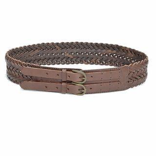 Double Buckled Genuine Leather Woven Belt Coffee - One Size