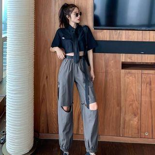 Cropped Short-sleeve Shirt / Tie / Detachable Cropped Harem Pants / Chain Waist Chain / Set