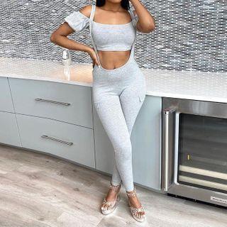 Set: Off-shoulder Short-sleeve Cropped Top + Skinny Pants With Suspender