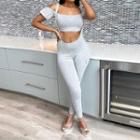 Set: Off-shoulder Short-sleeve Cropped Top + Skinny Pants With Suspender