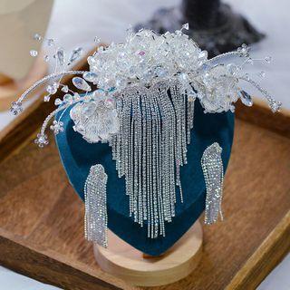 Set: Rhinestone Headpiece + Drop Earring 3pcs - 1 Headpiece & 1 Earring - White - One Size