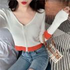 Long-sleeve Contrast Trim Cropped Knit Top