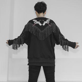 Crane Embroidered Fringed Trim Sweatshirt Black - One Size
