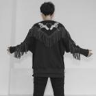 Crane Embroidered Fringed Trim Sweatshirt Black - One Size