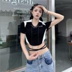 Short-sleeve Two-tone Lace-up Cropped T-shirt Black - One Size