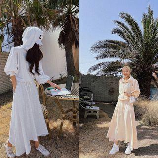 Set: Drawcord-hem Hoodie + Flared Long Skirt