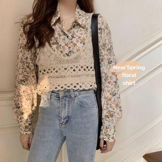 Set: Long-sleeve Floral Shirt + Cropped Camisole Top