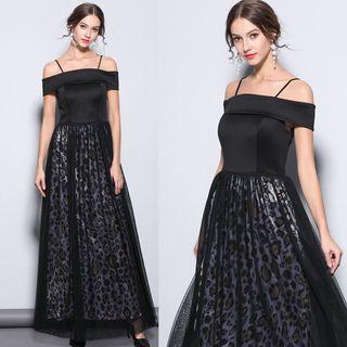 Off Shoulder Leopard Print Panel Evening Gown