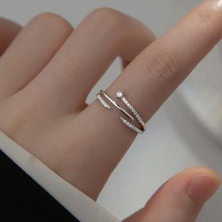 Rhinestone Layered Sterling Silver Open Ring 1 Pc - Silver - One Size