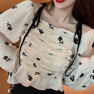 Long-sleeve Off-shoulder Floral Chiffon Top / Pleated A-line Mini Skirt