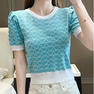Puff-sleeve Patterned Knit Crop Top