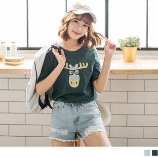 Short Sleeve Reindeer Print T-shirt