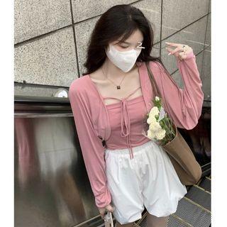 Tie-front Cardigan / Camisole Top / Shorts / Set