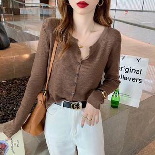 V-neck Plain Button-up Striped Knit Cardigan