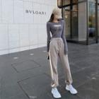 Printed Letter Top / Color-block Straight-cut Pants