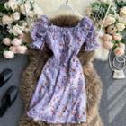 Flower Print Short-sleeve Mini Sheath Dress Purple - One Size