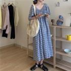 Elbow-sleeve Plaid Maxi Dress Blue & White - One Size