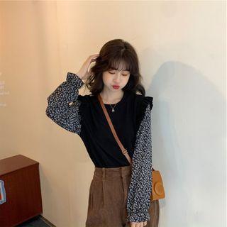 Long-sleeve Floral Ruffle Trim Mock Two Piece Knit Top