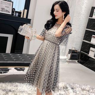 Set: Plain Slipdress + Checked Short-sleeve A-line Dress
