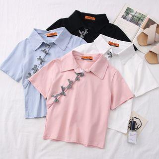 Ribbon Frog-button Cropped Polo Top