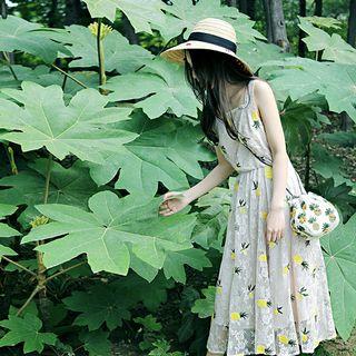 Pineapple Embroidered Sleeveless A-line Midi Dress