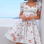 Short Sleeve Square-neck Floral Print A-line Dress