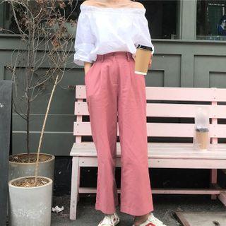 Cold Shoulder Elbow-sleeve Top / Straight Fit Pants