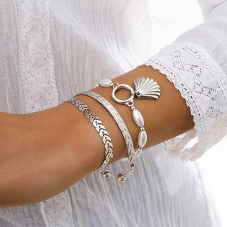 Set Of 3: Shell Pendant Faux Pearl Alloy Bracelet + Alloy Bracelet