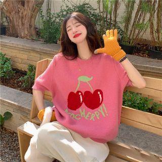 Elbow-sleeve Cherry Jacquard Sweater