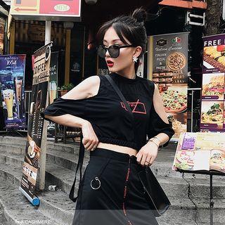 Set: Elbow-sleeve Cutout Top+ A-line Mini Skirt