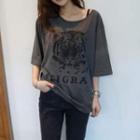 Elbow-sleeve Tiger Print T-shirt / Camisole Top