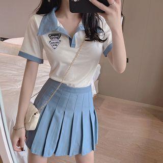 Set: Short-sleeve Lettering Embroidered Polo Knit Top + Pleated Mini A-line Skirt