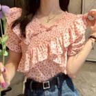 Short-sleeve Ruffle Trim Floral Print Blouse Pink - One Size