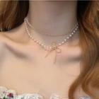 Faux Pearl Ribbon Layered Necklace 3764 - Necklace - Bow - White & Gold - One Size